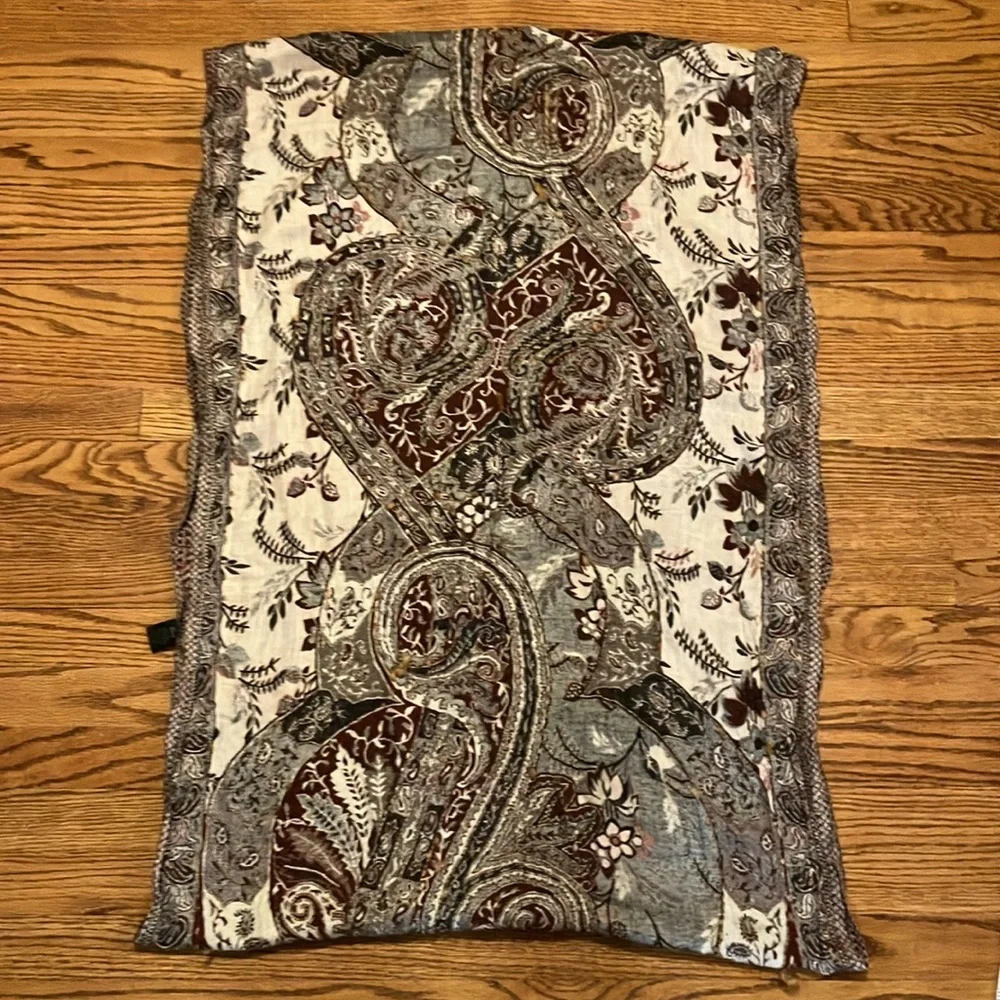 Raj Infinity Scarf Boho Brown Tan Maroon black paisley pattern reversable knit